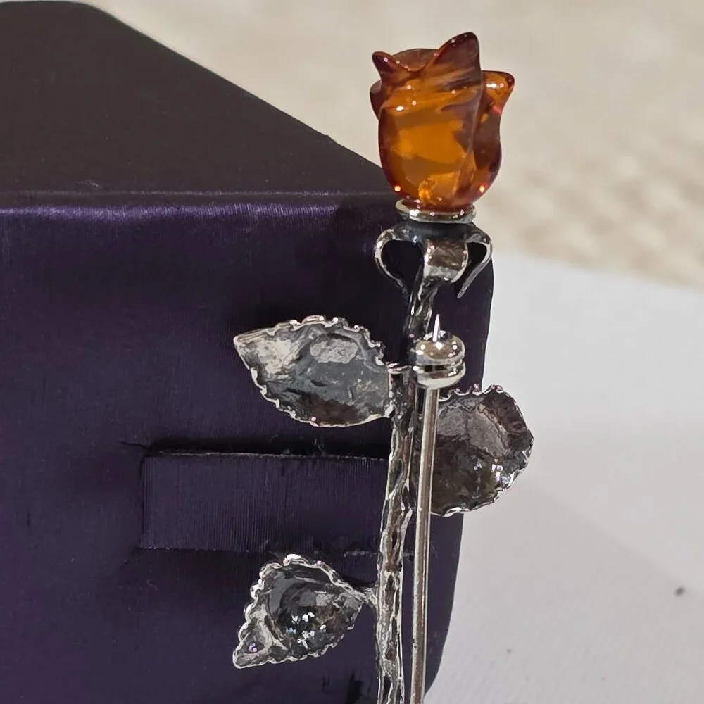 Vintage Carved Baltic Amber Rose Flower High Detail Sterling Silver Pin Brooch